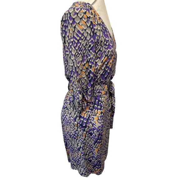 Presley Skye XS 100% Silk Abstract Print Wrap Dress W/ Belt Purple Peach & Grey - Picture 3 of 7
